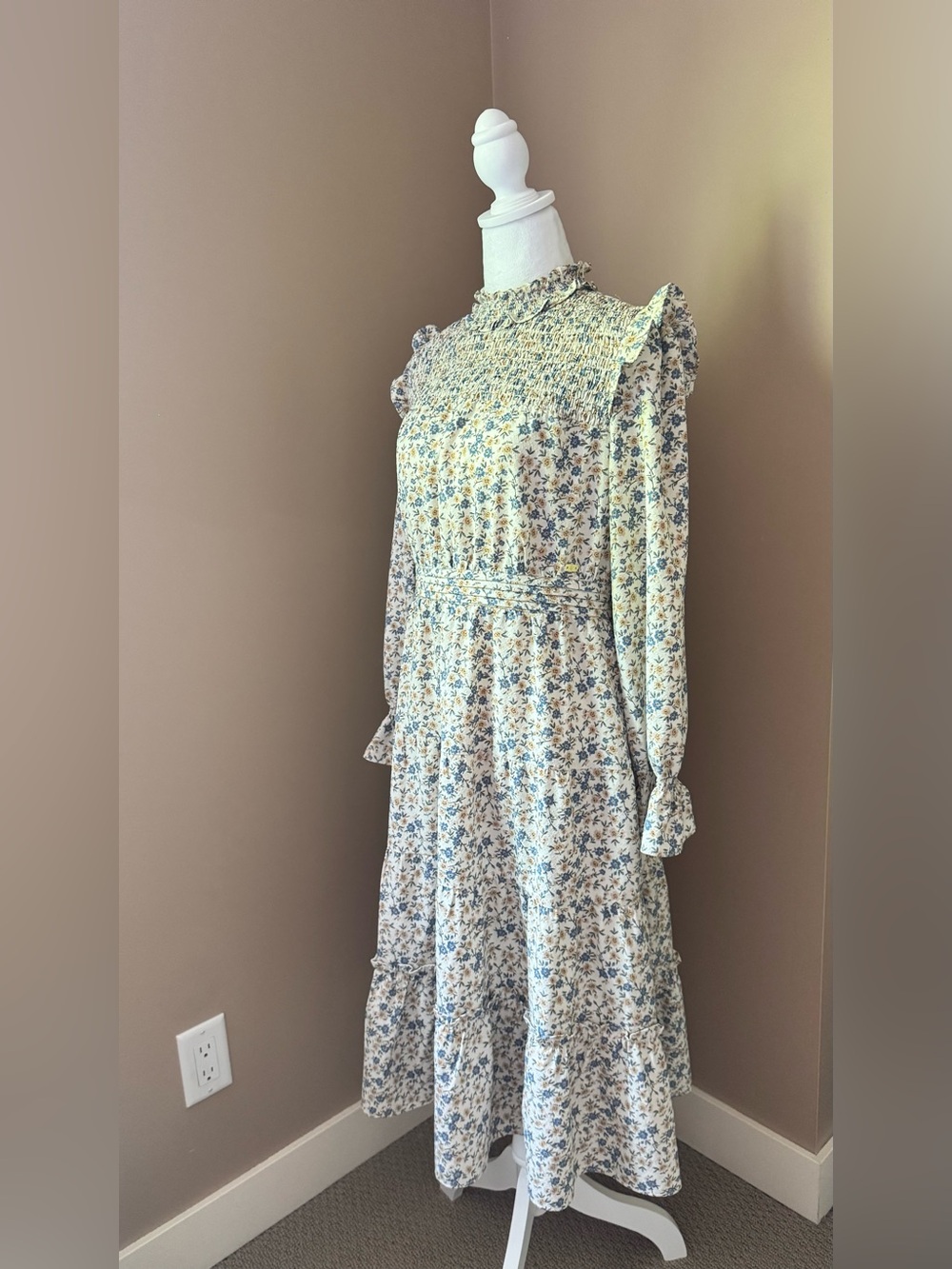 Smocked High-Neck Long Sleeve Floral Midi Dress in Cream and Blue